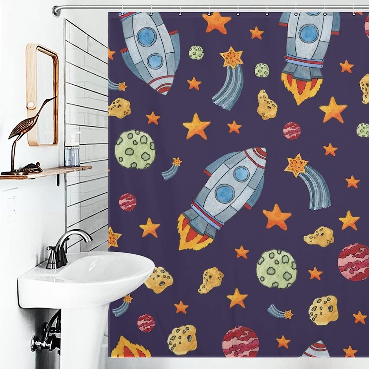 Playful Cartoon Space Rockets Planets Stars Pattern Shower Curtain For Bathroom Decor - Image 4