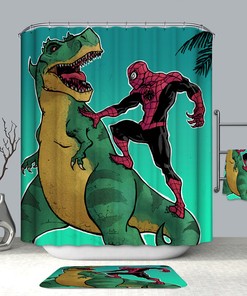 Playful Cartoon Spiderman Fighting Dinosaur Waterproof Bathroom Shower Curtain
