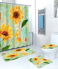 Playful Cartoon Sunflower Butterflies Moth Waterproof Shower Curtain For Bathroom Decor