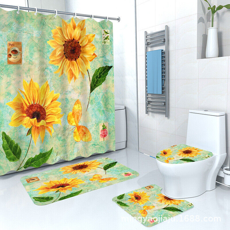 Playful Cartoon Sunflower Butterflies Moth Waterproof Shower Curtain For Bathroom Decor