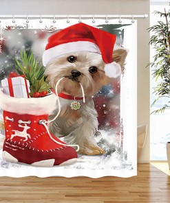 Playful Christmas Dog And Snowflakes Shower Curtain - Waterproof Fabric Bathroom Decor