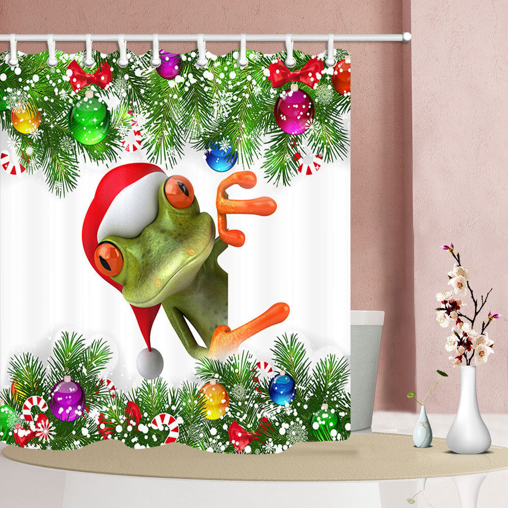 Playful Christmas Frog And Santa Hat Shower Curtain - Waterproof Fabric Bathroom Decor