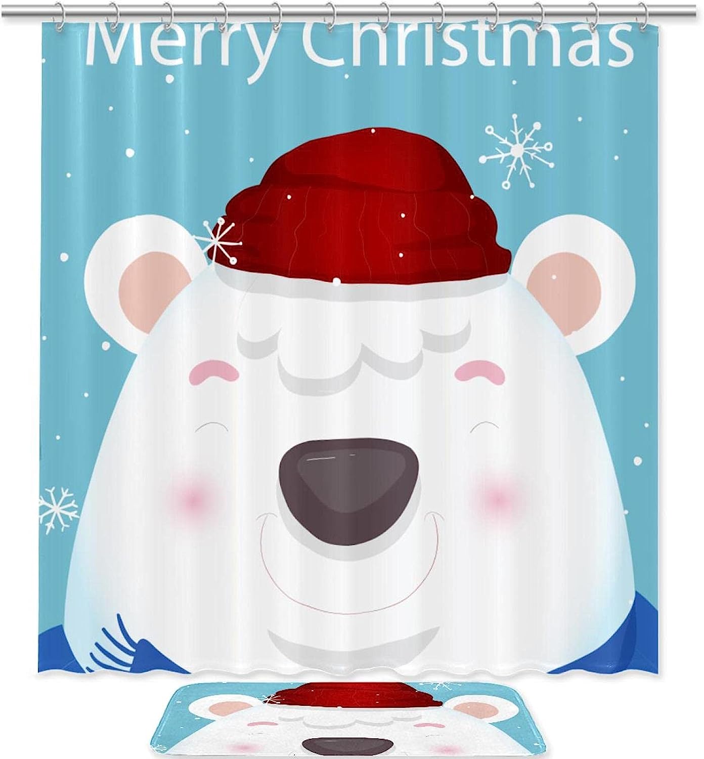 Playful Christmas Holiday Bear Shower Curtain - Waterproof Fabric Bathroom Decor