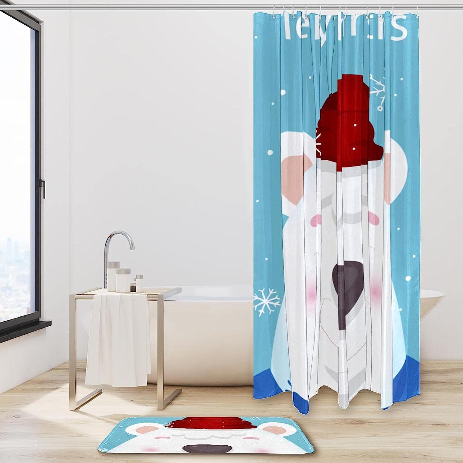 Playful Christmas Holiday Bear Shower Curtain - Waterproof Fabric Bathroom Decor - Image 2