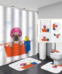 Playful Croton Dog Bath Bathroom Mat With Matching Shower Curtain