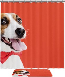 Playful Cute Red Bow Dog Waterproof Shower Curtain for Bathroom