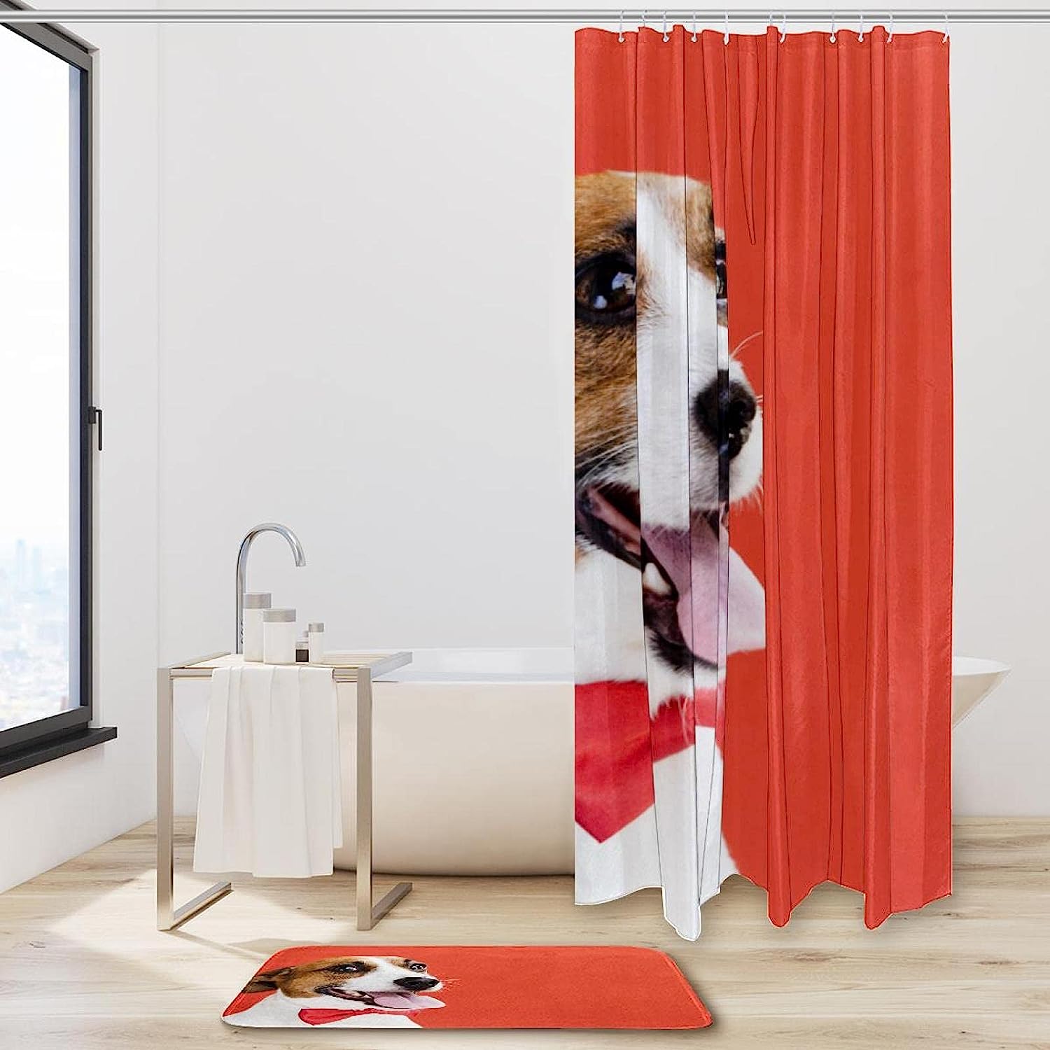 Playful Cute Red Bow Dog Waterproof Shower Curtain for Bathroom