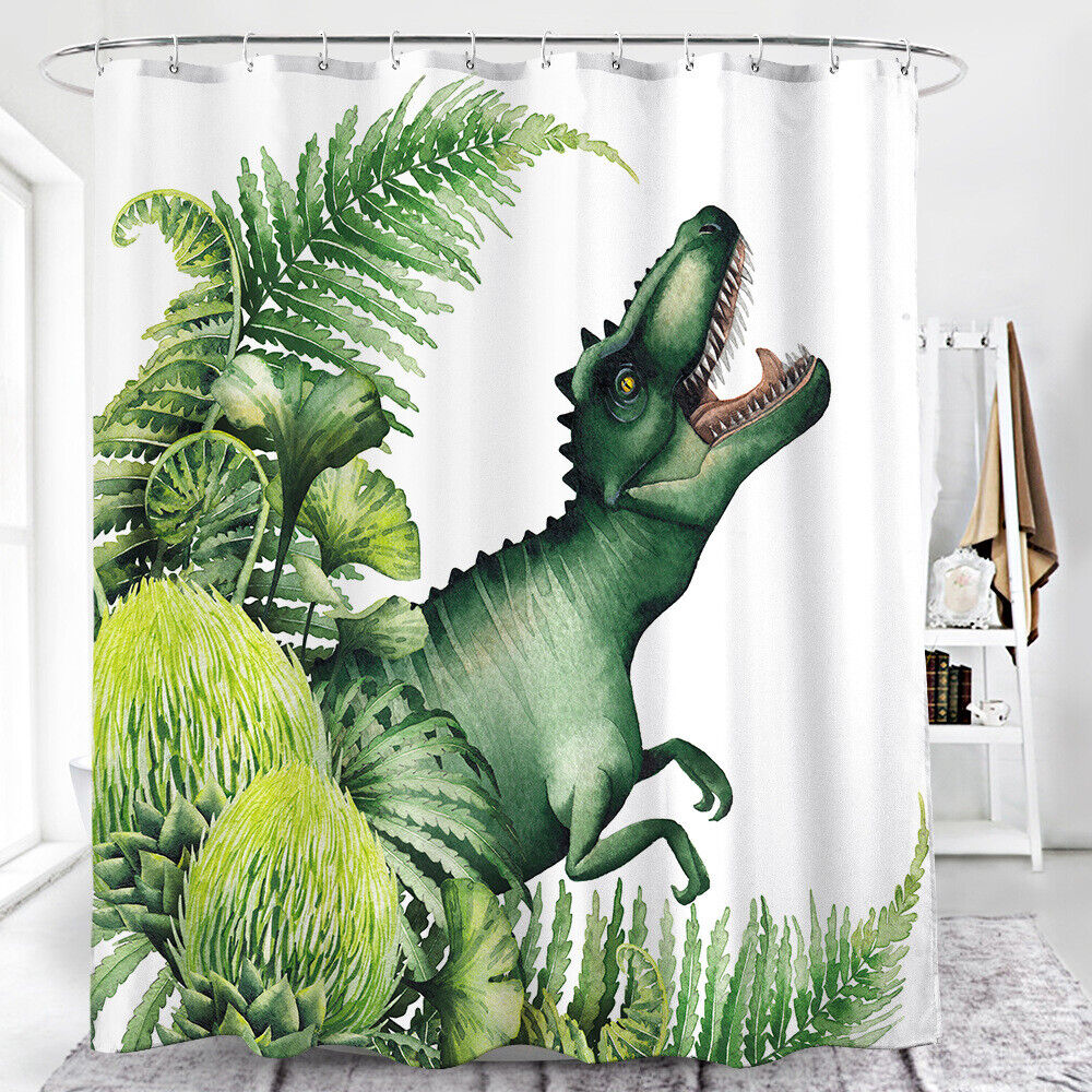 Playful Dinosaur Tropical Plant Leaf Shower Curtain for Kids Bathroom Decor