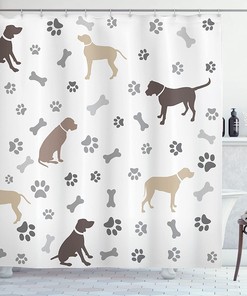 Playful Dog Bones Shower Curtain - Cloth Fabric Bathroom Decor In Umber Beige Grey