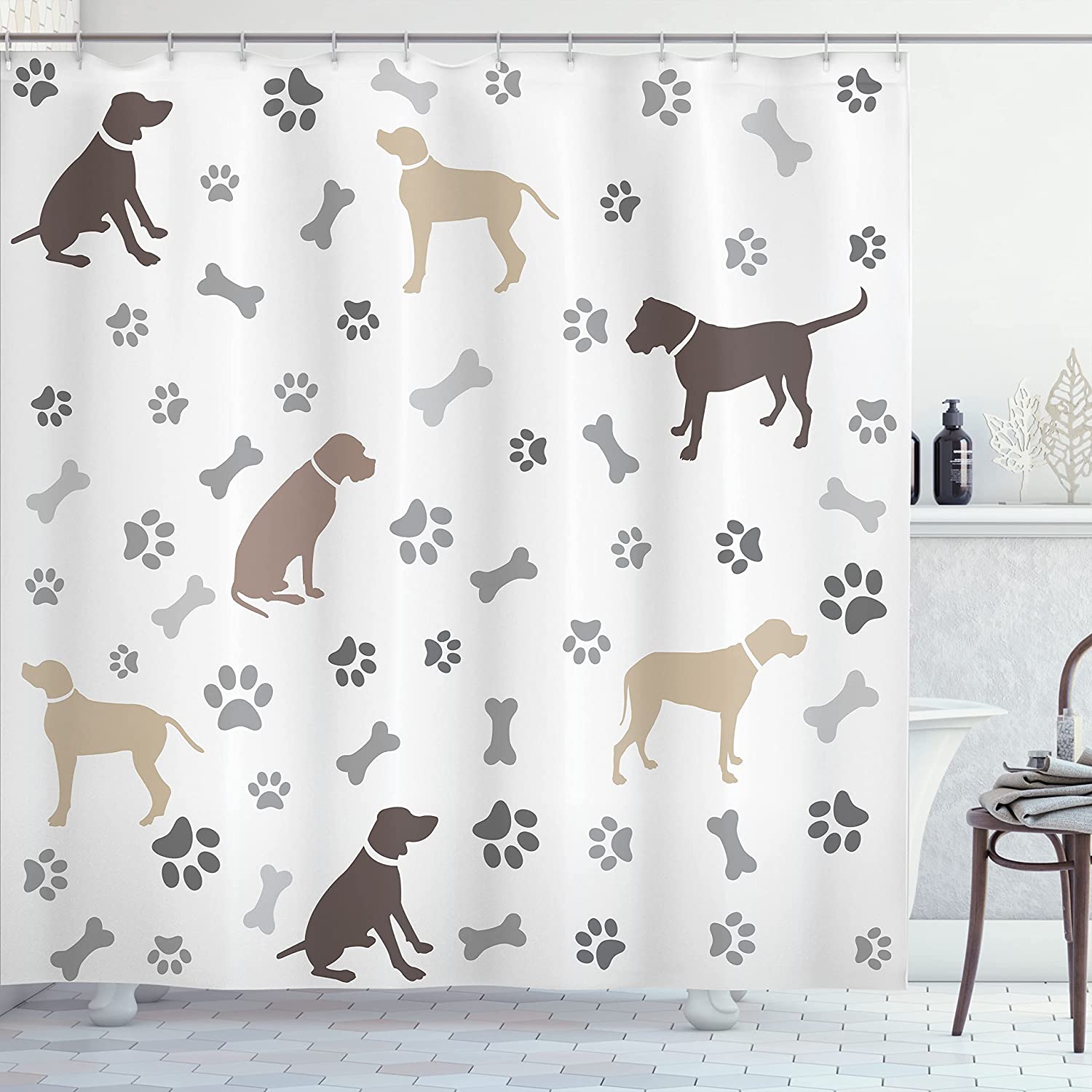 Playful Dog Bones Shower Curtain - Cloth Fabric Bathroom Decor In Umber Beige Grey