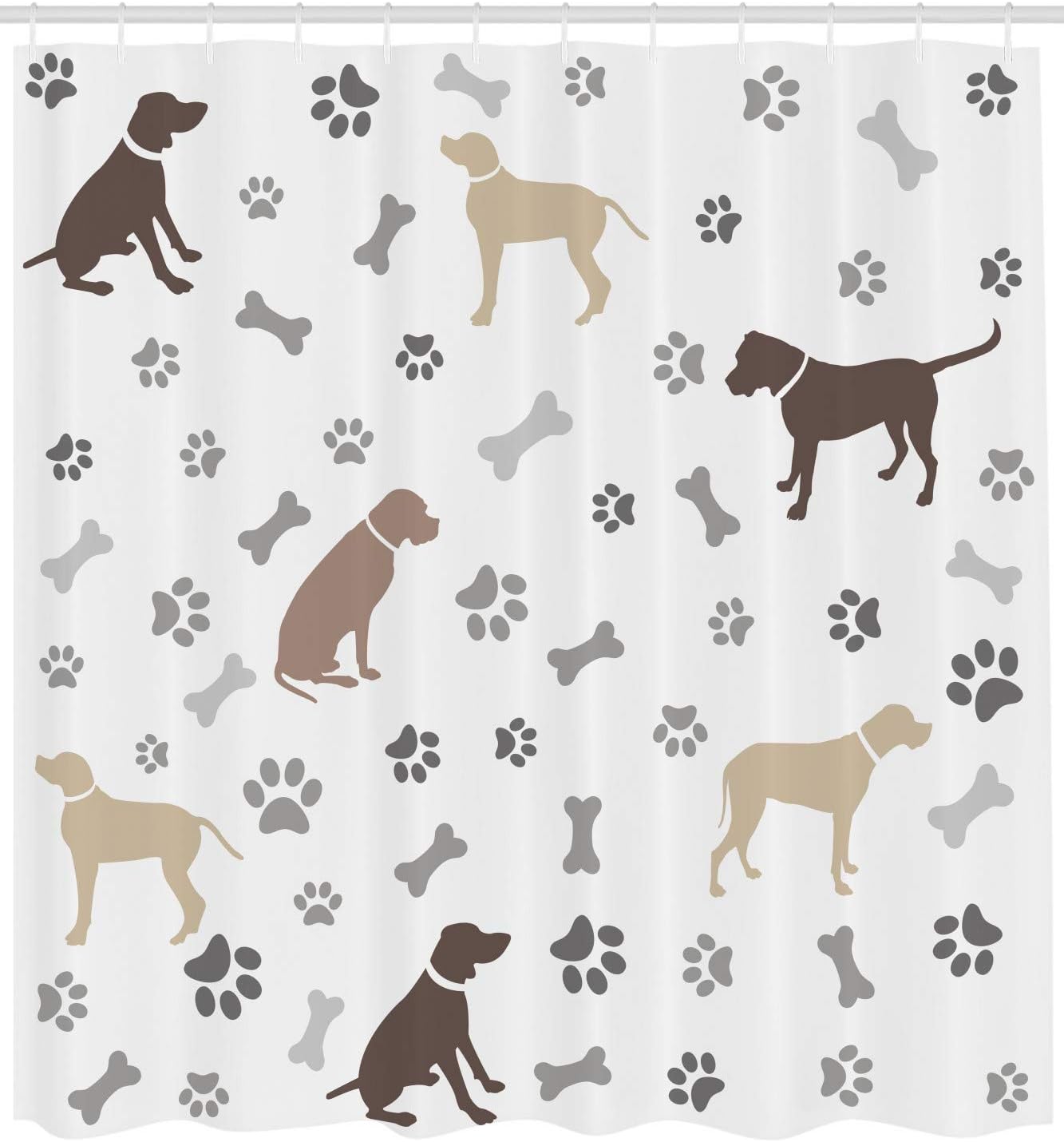 Playful Dog Bones Shower Curtain - Cloth Fabric Bathroom Decor In Umber Beige Grey - Image 2