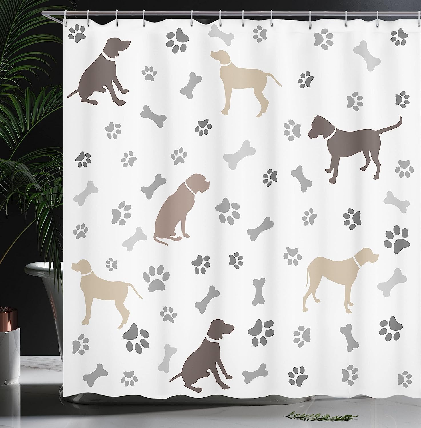 Playful Dog Bones Shower Curtain - Cloth Fabric Bathroom Decor In Umber Beige Grey - Image 3