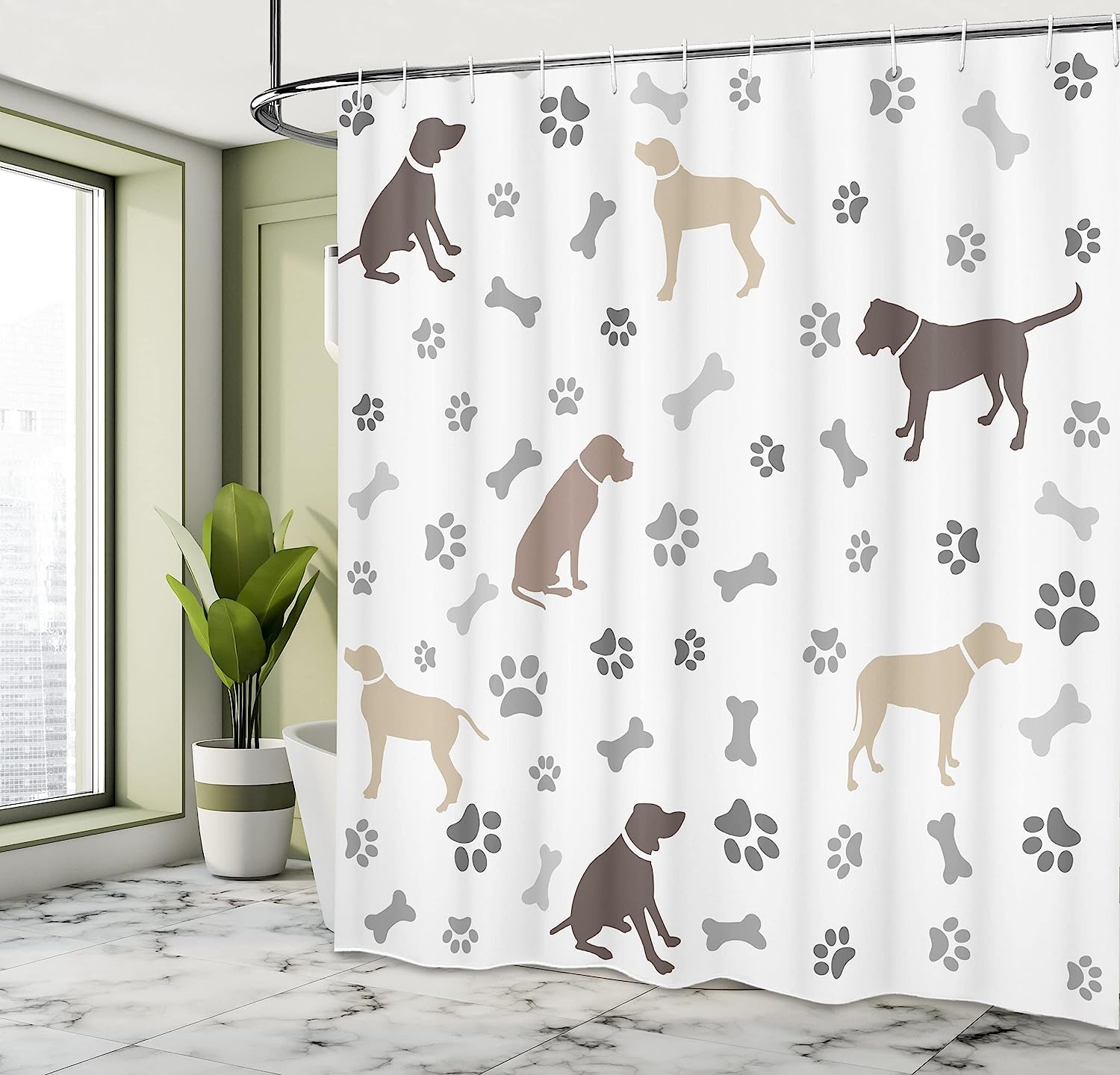Playful Dog Bones Shower Curtain - Cloth Fabric Bathroom Decor In Umber Beige Grey - Image 4