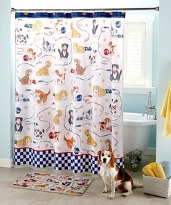 Playful Dogs Cartoon Shower Curtain for Kids with Paws Print