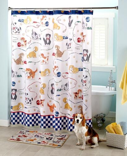 Playful Dogs Cartoon Shower Curtain for Kids with Paws Print