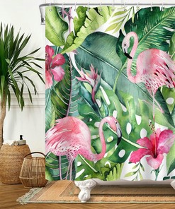 Playful Flamingo Leaf Print Shower Curtain for Bathroom