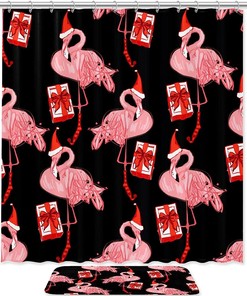 Playful Flamingo With Present And Santa Hat Design Shower Curtain, Perfect Bathroom Decor For The Holidays