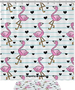 Playful Flamingos And Black Hearts Shower Curtain With Waterproof Bath Curtain For Vibrant Bathroom Decor