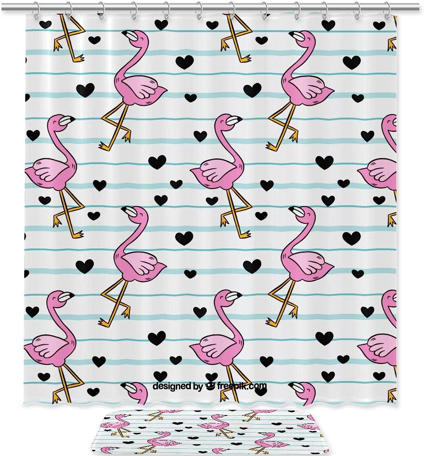 Playful Flamingos And Black Hearts Shower Curtain With Waterproof Bath Curtain For Vibrant Bathroom Decor