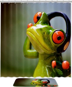 Playful Frog Headphones Music Waterproof Shower Curtain - A Cool Addition To Your Bathroom Decor