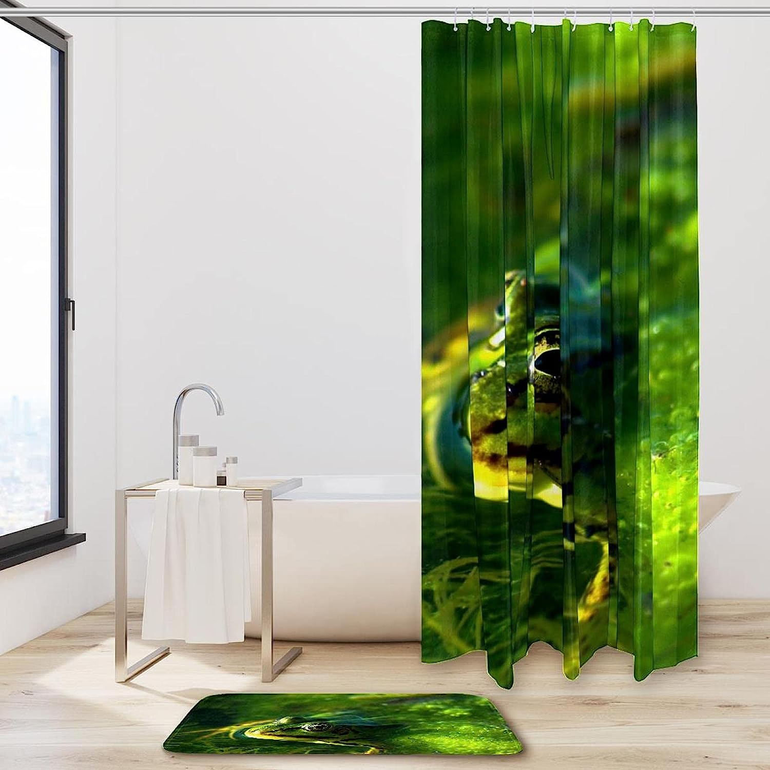 Playful Frog Swimming In Green Seaweed Waterproof Shower Curtain - A Perfect Addition To Your Bathroom Decor