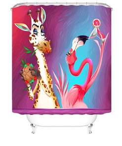Playful Giraffe And Flamingo Shower Curtain For Children'S Bathrooms