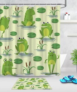 Playful Green Frog With Pond Cartoon Shower Curtain For Children'S Bathrooms