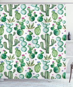 Playful Green Succulent Shower Curtain With Mexican Cactus Plants Print For Quirky Bathroom Decor