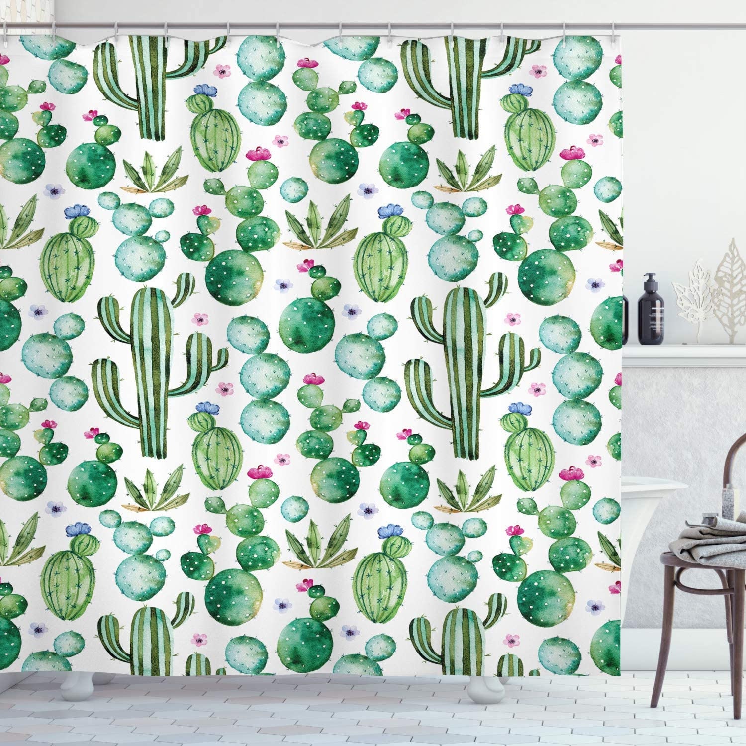 Playful Green Succulent Shower Curtain With Mexican Cactus Plants Print For Quirky Bathroom Decor