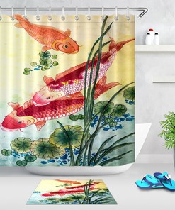 Playful Koi Fish in Lotus Waterproof Fabric Shower Curtain with Matching Bathroom Mat and Hooks