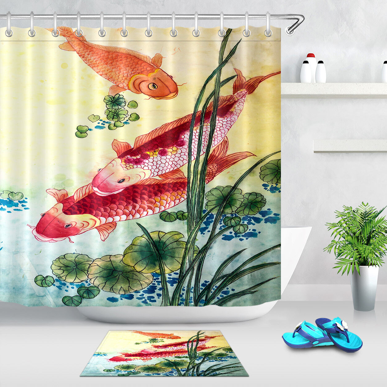 Playful Koi Fish in Lotus Waterproof Fabric Shower Curtain with Matching Bathroom Mat and Hooks