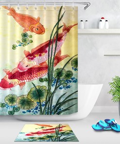 Playful Koi Fish in Lotus Waterproof Fabric Shower Curtain with Matching Bathroom Mat and Hooks