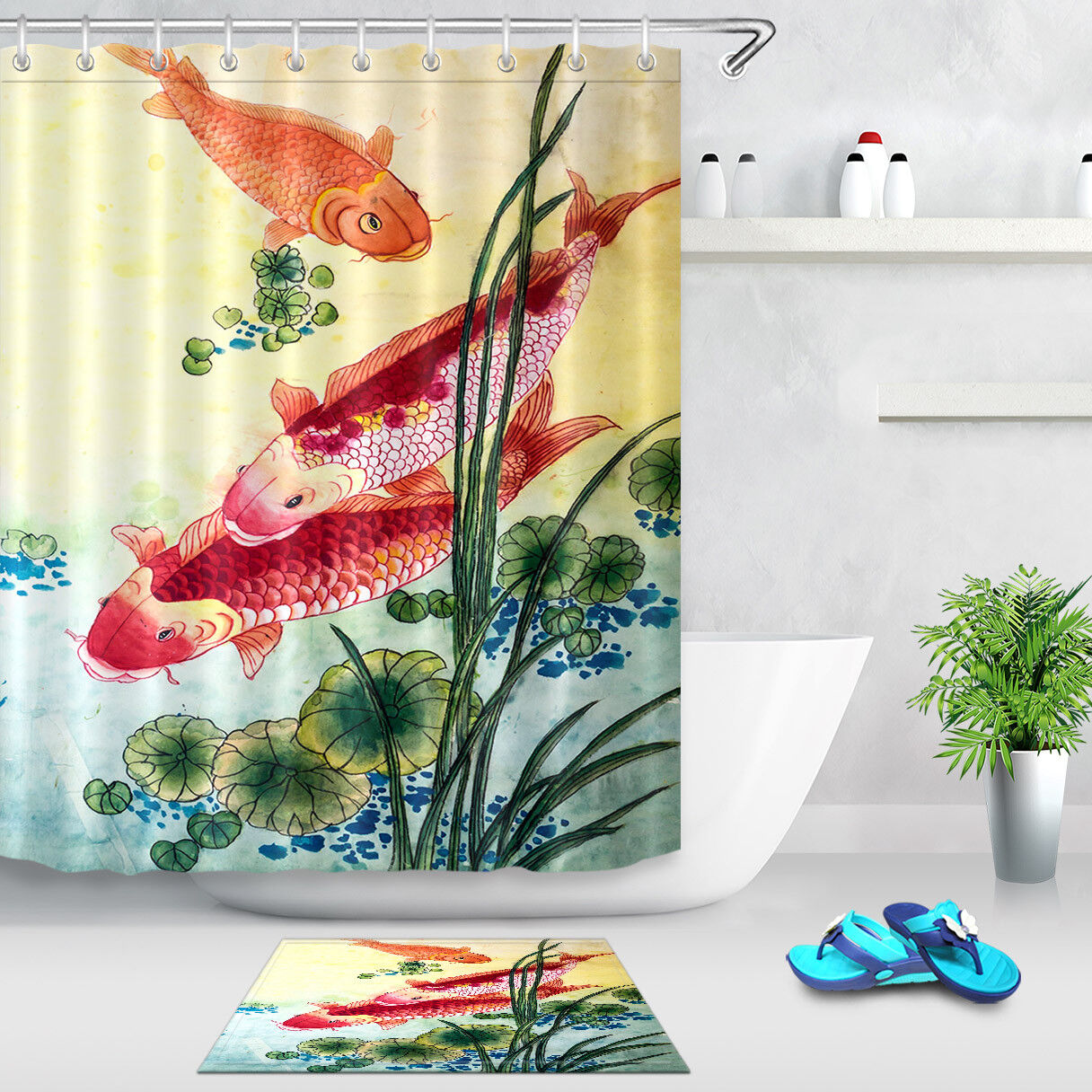 Playful Koi Fish in Lotus Waterproof Fabric Shower Curtain with Matching Bathroom Mat and Hooks
