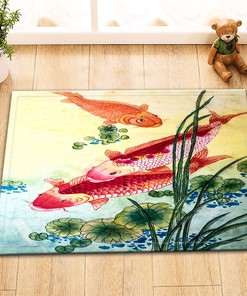 Playful Koi Fish in Lotus Waterproof Fabric Shower Curtain with Matching Bathroom Mat and Hooks