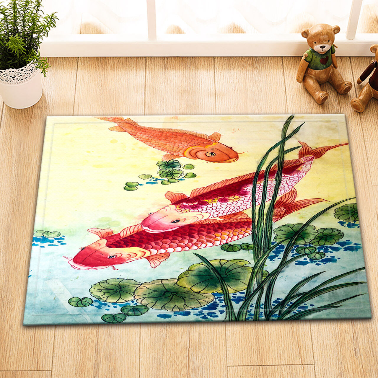 Playful Koi Fish in Lotus Waterproof Fabric Shower Curtain with Matching Bathroom Mat and Hooks