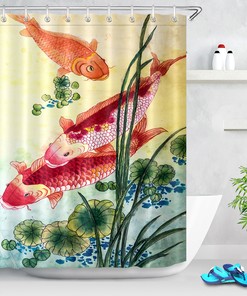 Playful Koi Fish in Lotus Waterproof Fabric Shower Curtain with Matching Bathroom Mat and Hooks