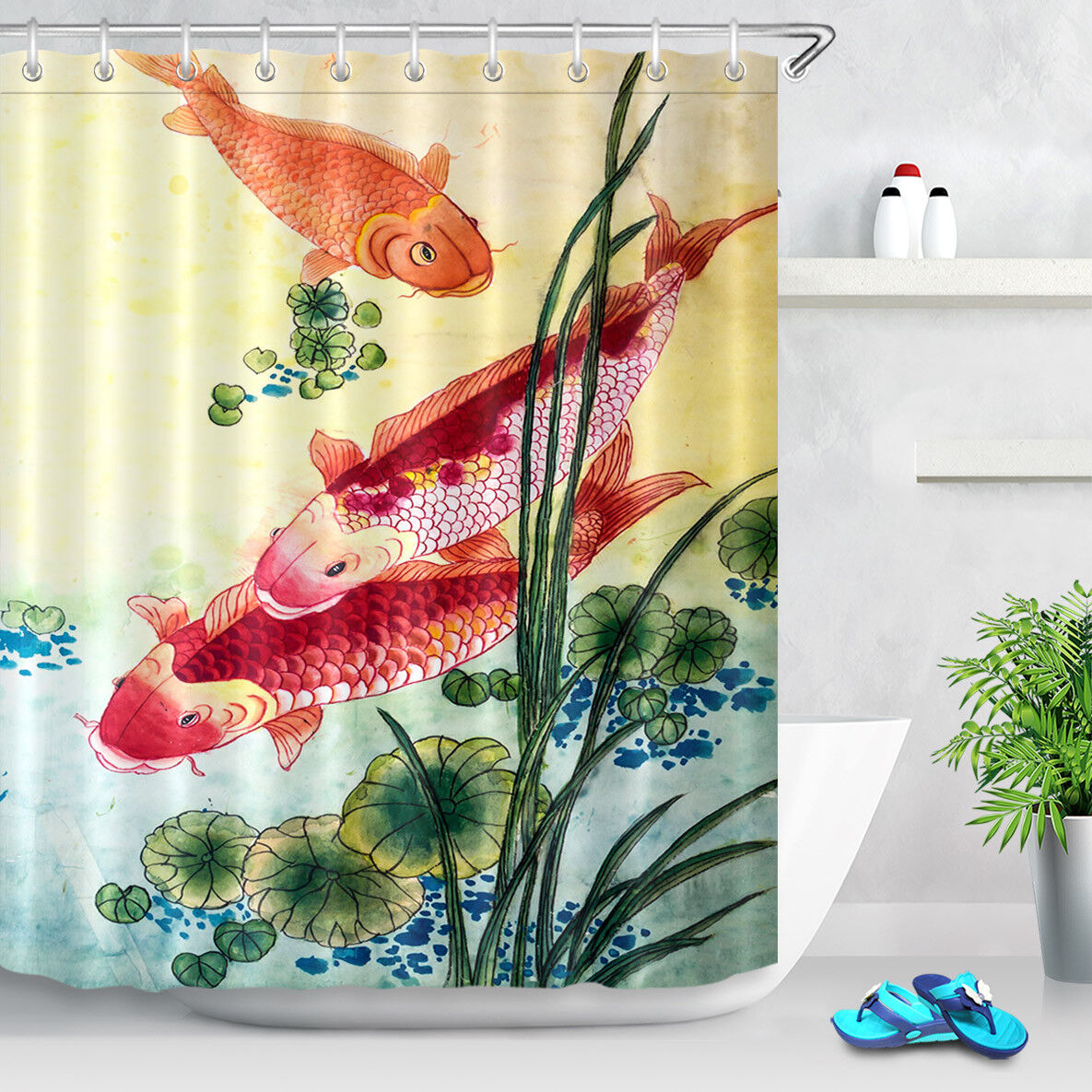 Playful Koi Fish in Lotus Waterproof Fabric Shower Curtain with Matching Bathroom Mat and Hooks
