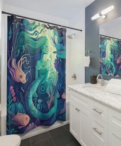 Playful Mermaid Dreams Shower Curtain with Vibrant Blue and Green Design 