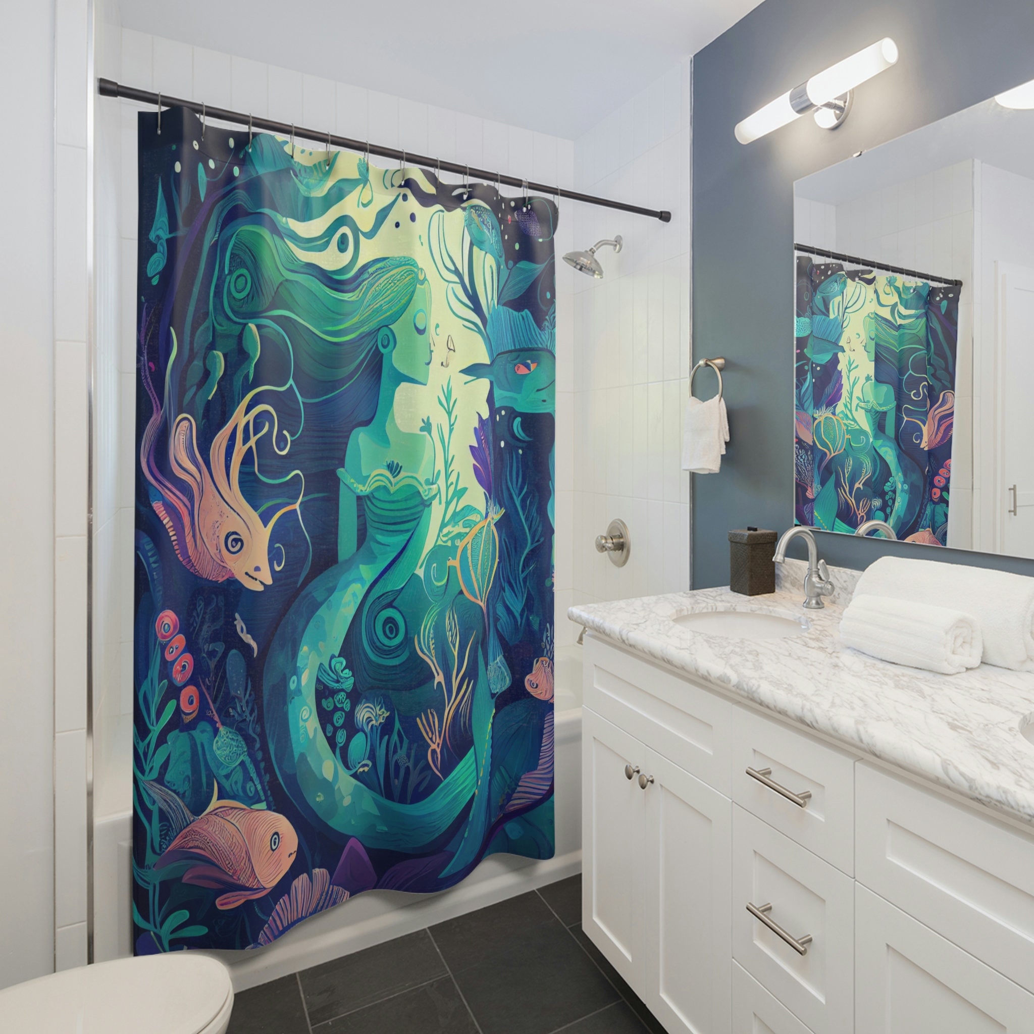 Playful Mermaid Dreams Shower Curtain with Vibrant Blue and Green Design