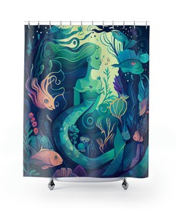 Playful Mermaid Dreams Shower Curtain with Vibrant Blue and Green Design