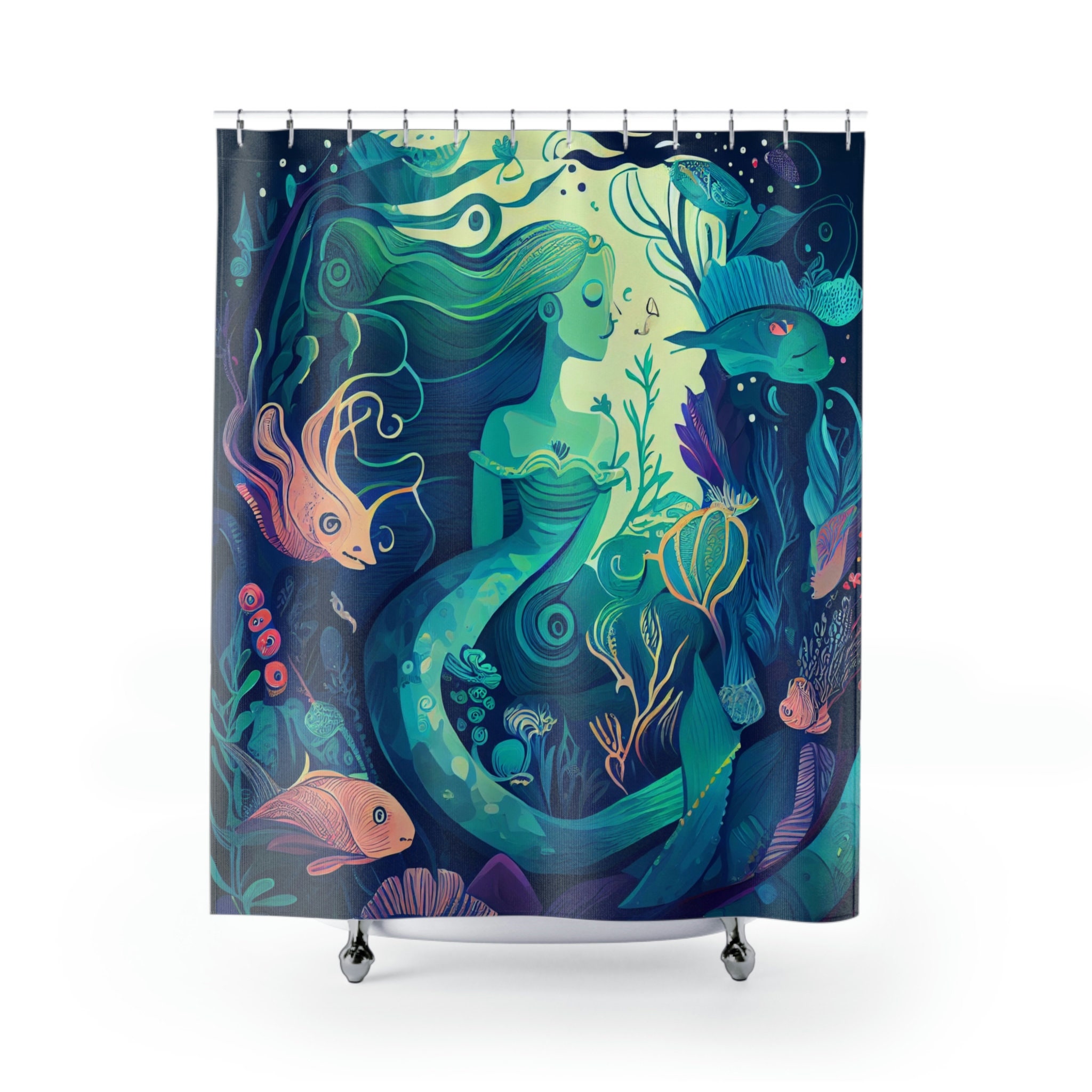 Playful Mermaid Dreams Shower Curtain with Vibrant Blue and Green Design