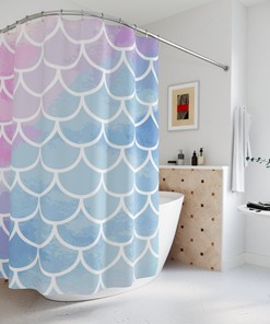 Playful Mermaid Shower Curtain with Watercolor Fish Scale Style for Kids Bathroom Decor