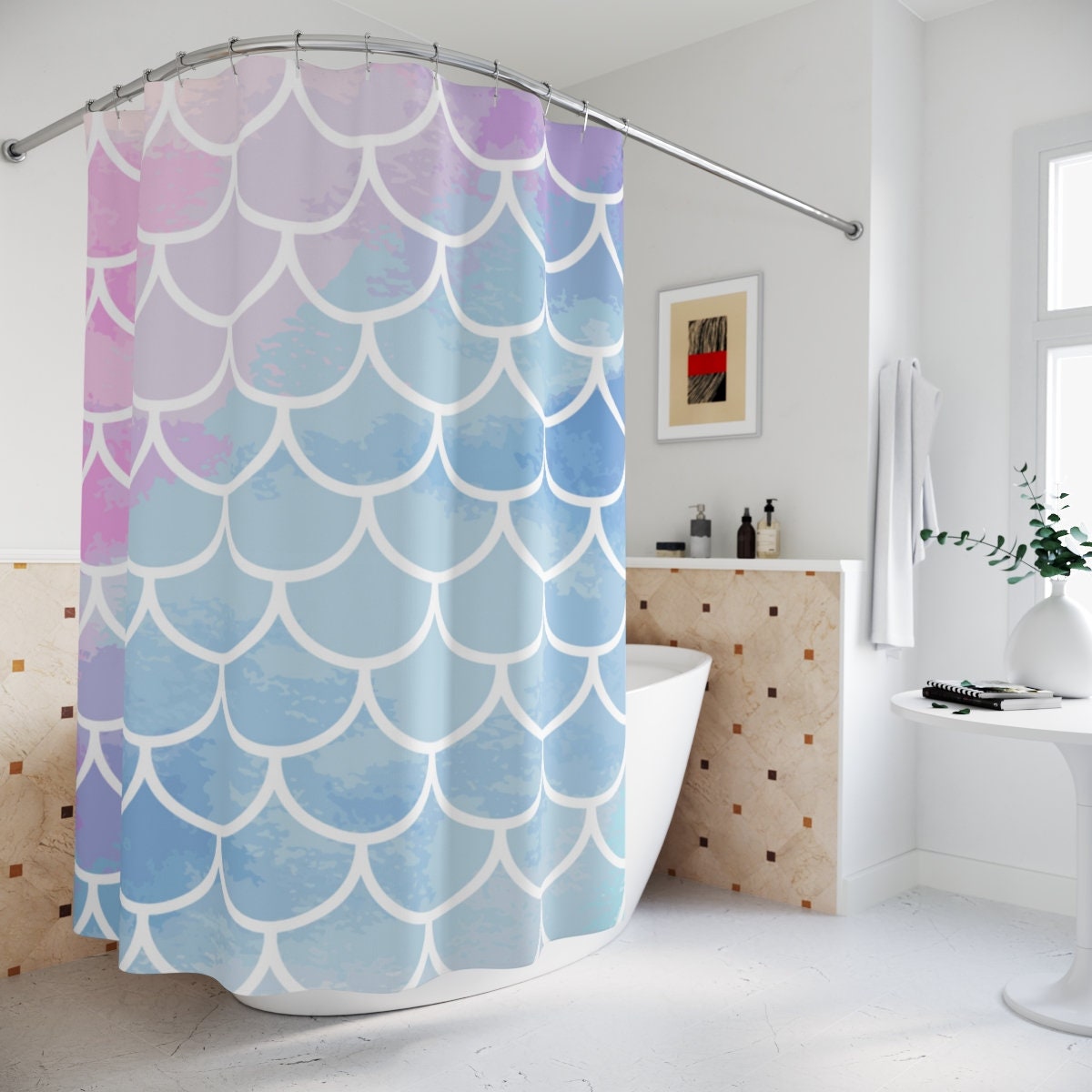 Playful Mermaid Shower Curtain with Watercolor Fish Scale Style for Kids Bathroom Decor
