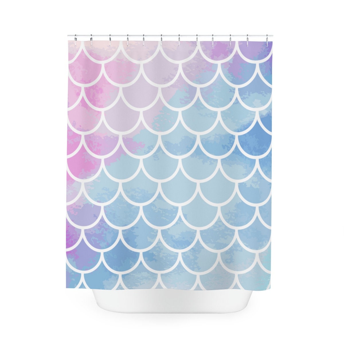 Playful Mermaid Shower Curtain with Watercolor Fish Scale Style for Kids Bathroom Decor