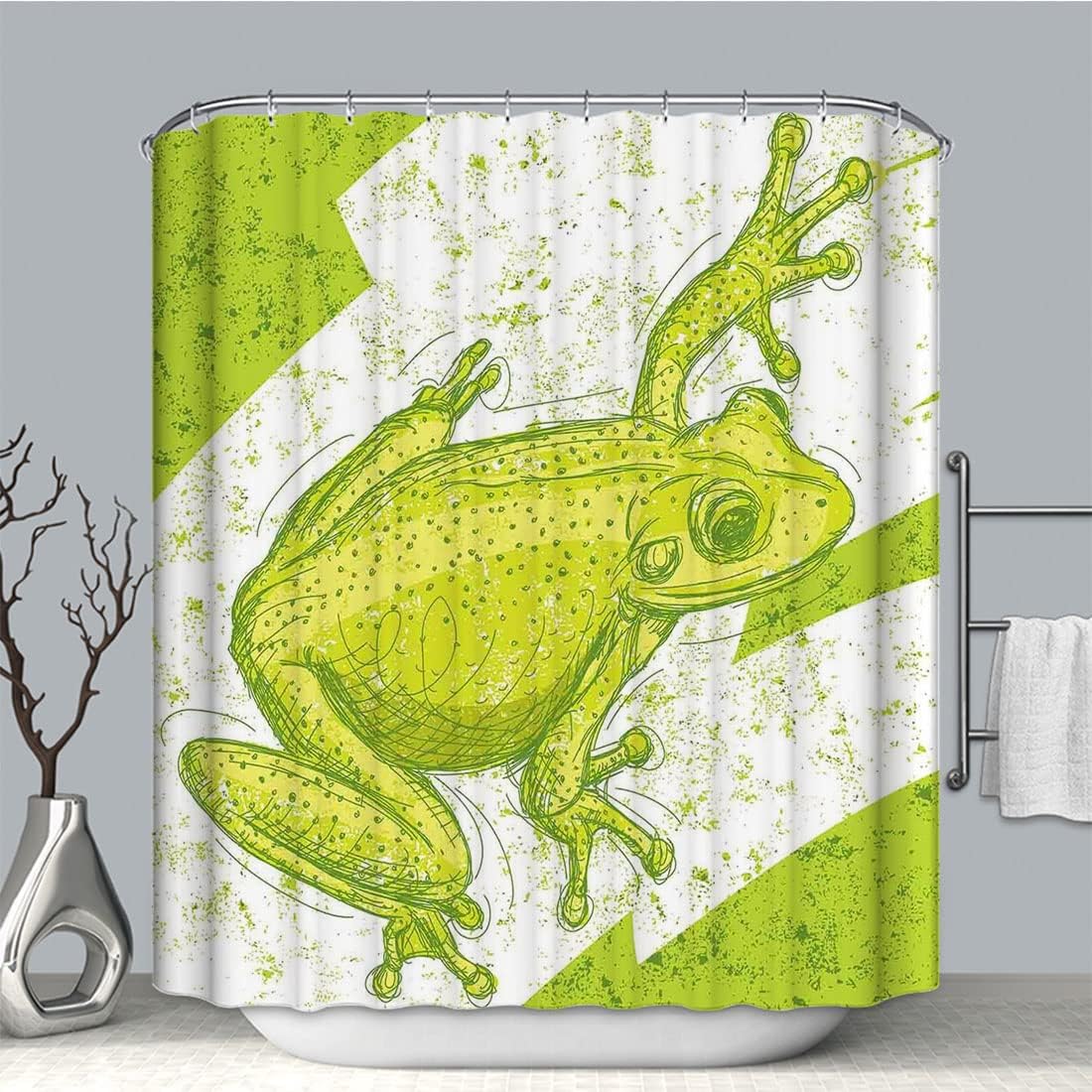 Playful Nature Element Frog Shower Curtain With Pistachio And White Graphic For Fun Bathroom Decor