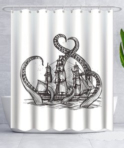 Playful Nautical Octopus Shower Curtain Featuring White Tentacle Giant Kraken and Retro Pirate Ship Sailing