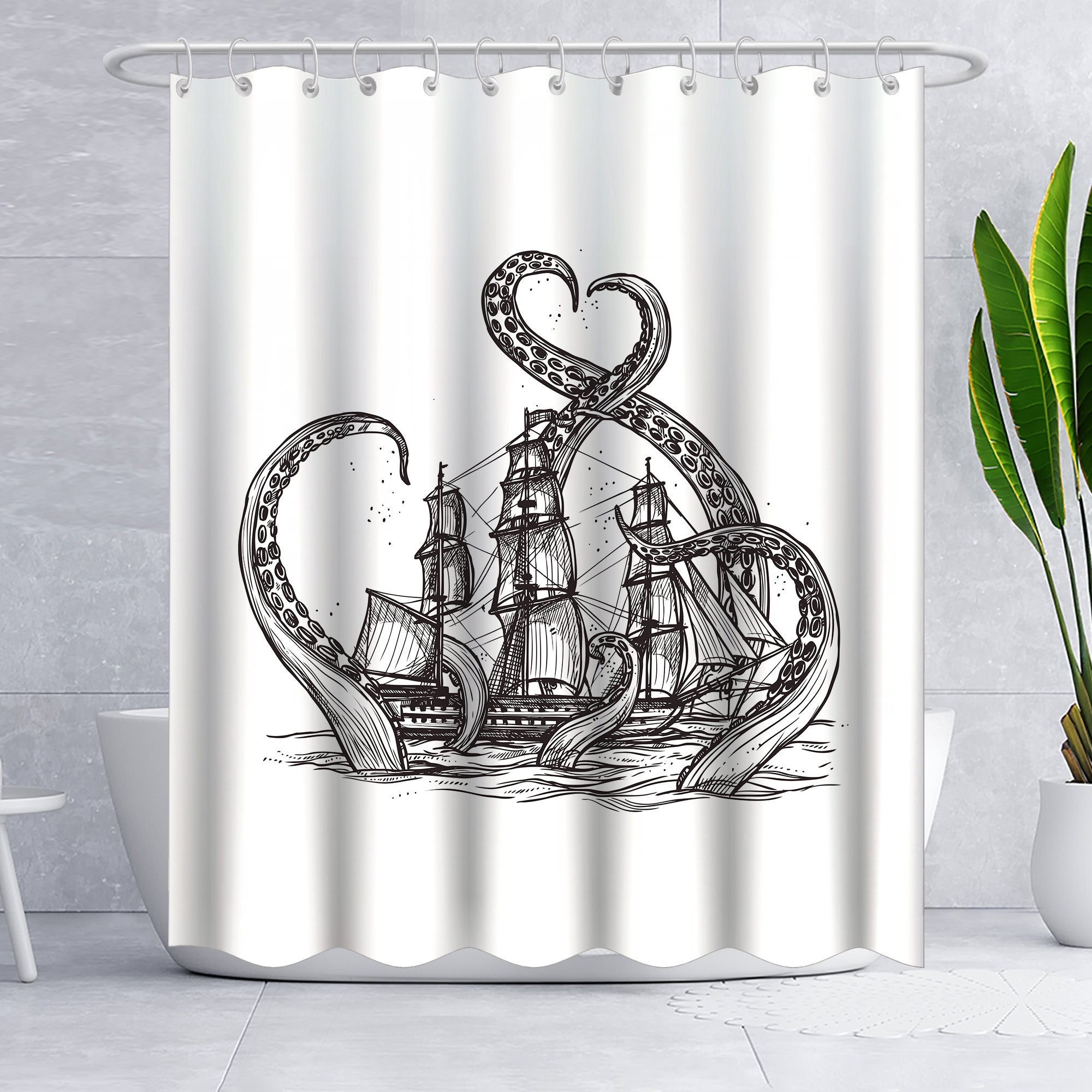 Playful Nautical Octopus Shower Curtain Featuring White Tentacle Giant Kraken and Retro Pirate Ship Sailing