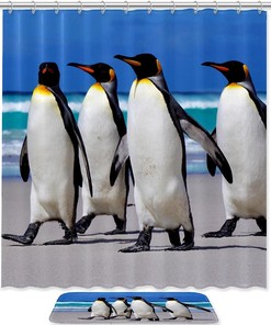 Playful Penguin Shower Curtain, Cute Wild Animal Fabric For Bathroom Decor