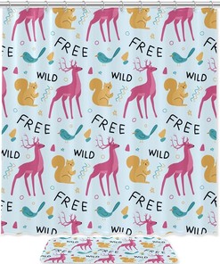 Playful Pink Deer and Squirrel Waterproof Fabric Shower Curtain for Kids Bathroom