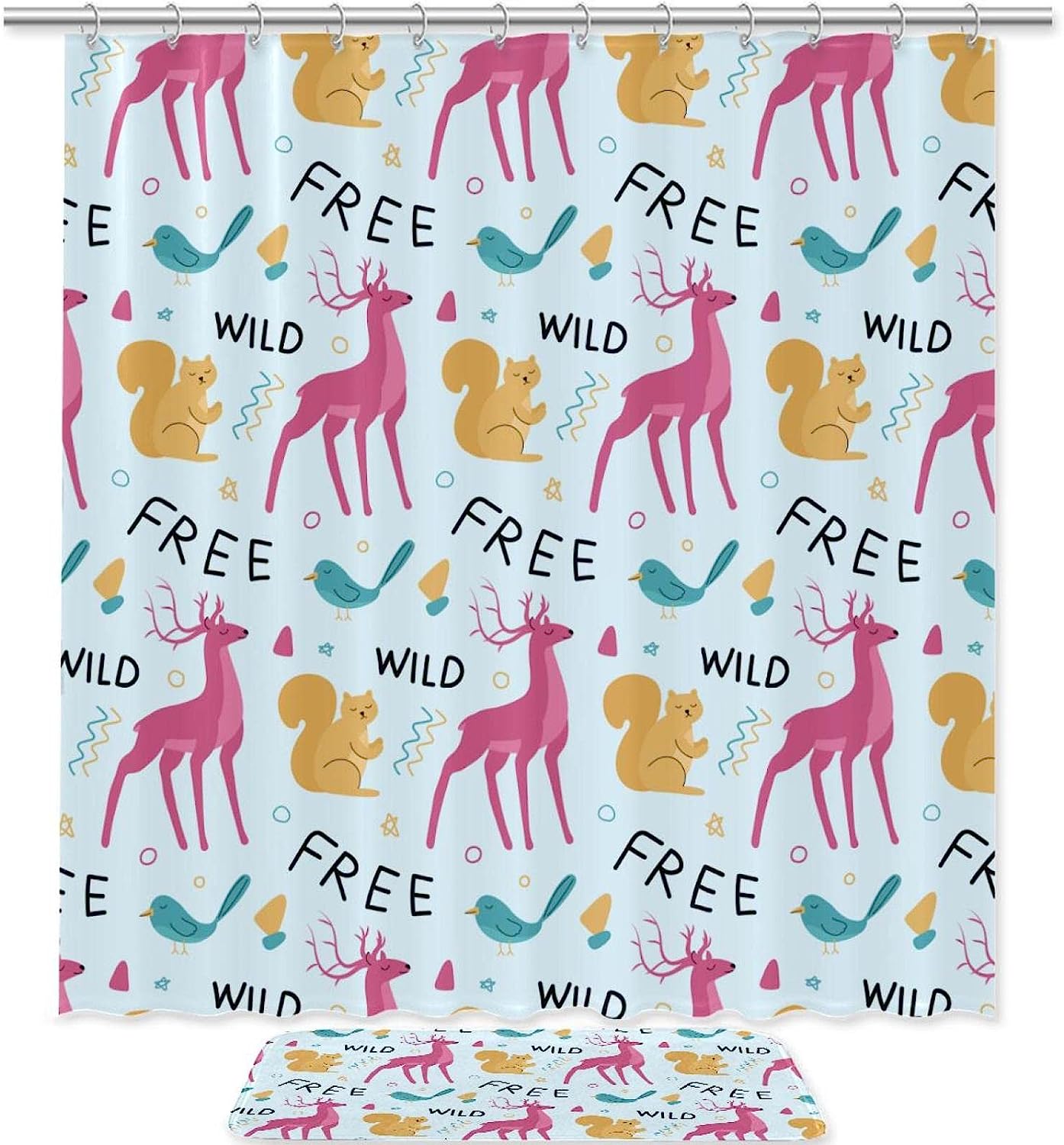 Playful Pink Deer and Squirrel Waterproof Fabric Shower Curtain for Kids Bathroom